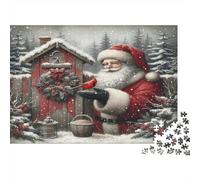 Santa Claus Rompecabezas DIY de Papel Premium Papá Noel alimentando pájaro Rojo en cabaña Nevada, Alivio Decorativo del estrés 38x26cm/1000 Piezas