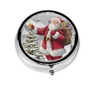 Santa Claus Snow Secenry Este pequeño pastillero redondo impreso es un organizador portátil de pastillas y vitaminas perfecto para bolsillos, bolsos y viajes.