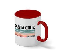 Santa Cruz Beach Surfing Retro Mug - Distressed California Coastal Graphic Tea Cup - Surf Rider Gift Blanco Taza Aro y Mango Con Rojo Mug