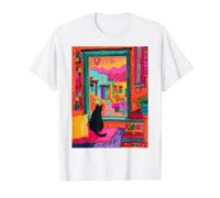 Santa Fe Cat Desert Window Colorido Suroeste Camiseta gráfica económica, Hombre, Blanco, L