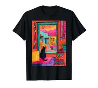 Santa Fe Cat Desert Window Colorido Suroeste Camiseta gráfica económica, Hombre, Negro, L