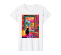 Santa Fe Cat Desert Window Colorido Suroeste Camiseta gráfica económica, Mujer, Blanco, XL