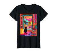 Santa Fe Cat Desert Window Colorido Suroeste Camiseta gráfica económica, Mujer, Negro, M