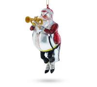 Santa festivo soplando trompeta - Ornamento de cristal soplado de Navidad