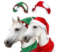 Santa Hat For Horse Christmas Costume - Fleece Ear Bonnet, Red Santa Cap For Horse & Pony Holiday Parade Accessories(Red and green)