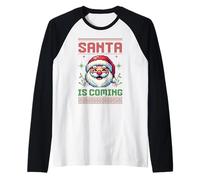 Santa is Coming Pixel Art Retro Christmas Graphic Camiseta Manga Raglan