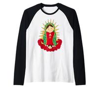 Santa María de Guadalupe Cartoon Reina del Cielo Floral Camiseta Manga Raglan