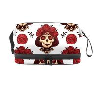 Santa Muerte Calavera - Neceser de doble capa con diseño de calavera y rosas rojas, para mujeres y niñas, neceser de viaje, bolsa organizadora de maquillaje con compartimento para cepillos,