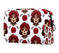 Santa Muerte Calavera - Neceser grande con diseño de calavera y rosas rojas para mujer, neceser de viaje, bolsa organizadora con cremallera, multicolor, 18.5x7.5x13cm/7.3x3x5.1in, Neceser