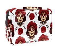 Santa Muerte Calavera Skull with Red Roses Neceser para Mujer, Neceser de Viaje Bolsas de aseo Grande PVC Maquillaje Práctico Bolsa Organizador con Cremallera, multicolor, 18.5x7.5x13cm/7.3x3x5.1in,
