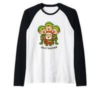 Santa y Elfos Cantando Arte navideño Retro Camiseta Manga Raglan