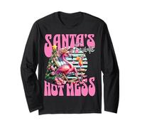 Santa's Favorite Hot Mess Funny Flamingo Christmas Cocktail Manga Larga