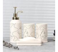 Santentre 4 Piezas Cerámica Juegos de Accesorios de baño, Artístico Línea Rostro Accesorios de baño con Dispensador de Jabón, Porta Cepillo, Vaso, jabonera, Ideal baño Hogar Regalo, Blanquecino