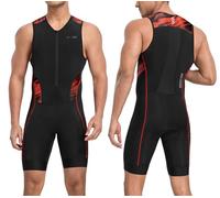 Santic Traje de triatlón para hombre - Acolchado - Monopieza - Sin mangas - Pro - Carrera - Mangas cortas - Para ciclismo, natación, carrera a pie, rojo, XL