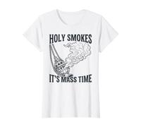 Santo Fuma su Tiempo de Misa incensario católico Camiseta gráfica económica, Mujer, Blanco, XS