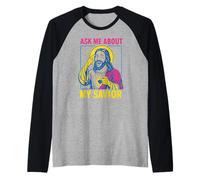 Santo Humor Pregúntame sobre Mi Salvador Fun Mens Christian Faith Camiseta Manga Raglan