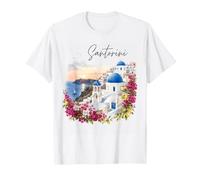 Santorini Blue Domes Atardecer Acuarela Islas Griegas Camiseta