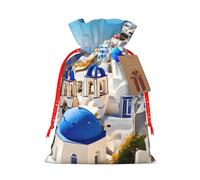 Santorini - Bolsa de Navidad con estampado de isla griega y vista al mar, bolsas con cordón, decoración de temporada de Navidad, regalos de regalo