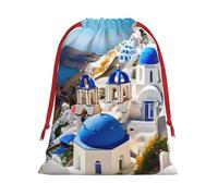 Santorini - Bolsas de regalo reutilizables con estampado de vista al mar de la isla griega, bolsas de regalo de tamaño mediano, bolsas con cordón para regalos de Navidad, cumpleaños