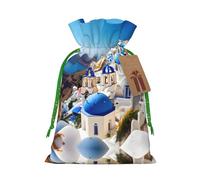 Santorini - Bolsas de regalo reutilizables con estampado de vista al mar de la isla griega, bolsas de regalo con cordón para joyas y regalos, para ocasiones festivas