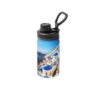 Santorini - Botella de agua de acero inoxidable aislada de doble pared con impresión de vista al mar de la isla griega de 12 onzas para bebidas frías y calientes