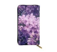 Santorini - Cartera larga con estampado de vista al mar de la isla griega, cartera de mano de gran capacidad con ranura para tarjetas, cartera de piel de cuero, unisex, Flores moradas florecientes