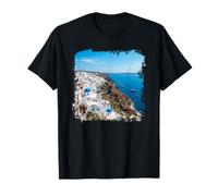 Santorini Cliffside Vista Mar Pueblo Blanco Gráfico Escénico Camiseta