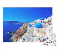 Santorini Cúpula Azul Puzzle de 1000 Piezas Juego de Puzzle 1000 Piezas Vista al Mar Papel para Adultos Hogar Regalo 38x26cm/1000pcs