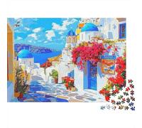 Santorini Cúpulas Azules Puzzle de 1000 Piezas para Adultos Papel Flores Mediterráneas Relajante Familia 70x50cm/1000pcs