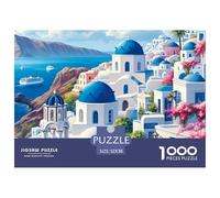 Santorini Edificios Blancos Azules Puzzle de 1000 Piezas Papel para Adultos Vista al Mediterráneo Juego de Puzzle 1000 Piezas Relajación Decoración Regalo 52x38cm/1000pcs