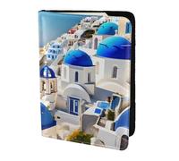 Santorini - Funda de piel para pasaporte con estampado de isla griega y vista al mar para mujeres y hombres, cartera de viaje para pasaporte, Negro -, Talla única