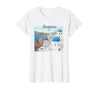 Santorini Grecia Bandera Griega Arte Vacaciones Cúpulas Azules Camiseta gráfica económica, Mujer, Blanco, L