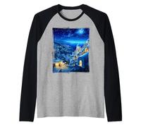 Santorini Grecia - Blue Domes in Van Gogh Santorini Grecia Camiseta Manga Raglan