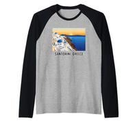 Santorini Grecia Puesta del Sol Paisaje Costero Camiseta Manga Raglan