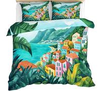 Santorini - Juego de funda de edredón para cama individual, diseño de escena callejera mediterránea, 3 piezas con 2 fundas de almohada con cierre de cremallera, 135 x 200 cm