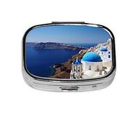 Santorini - Pastillero de metal con vista al mar de la isla griega, pastillero portátil para bolsillo o bolso, organizador decorativo de medicinas, contenedor de vitaminas