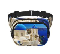 Santorini - Riñonera para mujer con estampado de isla griega y correa ajustable para entrenamiento, correr, senderismo, riñonera cruzada, Black, Talla única