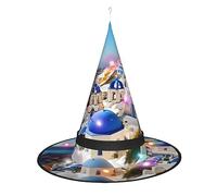Santorini - Sombrero de bruja con estampado de isla griega y vista al mar, sombreros de bruja de Halloween con luz LED, decoración de fiesta de cosplay