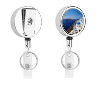 Santorini - Soporte para tarjetas de identificación con vista al mar de la isla griega con cable retráctil y clip de cocodrilo giratorio de 360°, carrete de acero inoxidable resistente, soporte para