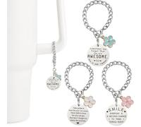SANUIU 3 dijes de cadena de flores para taza Stanley, accesorios de botella para mango de vaso, etiqueta de palabras inspiradoras con dijes de flores rosas, azules y blancas, regalos personalizados