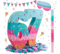 Sanwuta Juego de piñata de helado 67 con máscara de palo de murciélago y confeti, decoración de fiesta temática de Sundae multicolor, cartón duradero, ideal para celebración de cumpleaños de verano