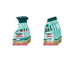 Sanytol - Limpiador Desinfectante Multiusos, Elimina Bacterias, Hongos y Virus Sin Lejía, Perfume Eucaliptus - Pack de 4 x 750 Ml = 3L & - Botella Desinfectante Limpiahogar-Pack de 4 x 1.200 ML = 4,8L