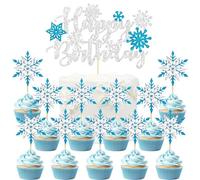 SANYUANHE Cupcake Toppers Copos de Nieve,25 Piezas Decoración para Pasteles Copos de Nieve,Snowflake Azul Happy Birthday,Tema Invierno Adornos Navideños,Fiestas Infantiles