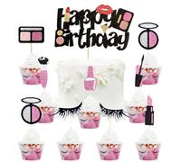 SANYUANHE Decoracion Tartas Cumpleaños de Maquillaje,17 Piezas Decoración Para Tartas Maquillaje,Happy Birthday Cupcake Toppers,Pintalabios Temática de Cumpleaños Celebración fiesta