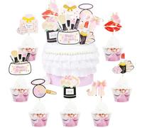 SANYUANHE Set de Maquillaje Decoración de Pasteles Cumpleaños,Temáticos Labios y Pestañas Cupcake Toppers Maquillaje,DIY Para Cupcakes de Maquillaje Con Brillante(14 Piezas)