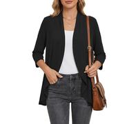 Saodimallsu Chaqueta de punto para mujer, ligera, manga 3/4, cuello de pico, dobladillo con volantes, suéter frontal abierto, elegante, informal, monocolor, chaqueta de verano, Negro , L