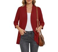 Saodimallsu Chaqueta de punto para mujer, ligera, manga 3/4, cuello de pico, dobladillo con volantes, suéter frontal abierto, elegante, informal, monocolor, chaqueta de verano, rojo, L