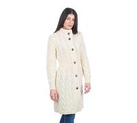 SAOL Cárdigan irlandés de lana merina 100% para mujer con botones celtas de nudo - Aran Long Outdoor Cable Knit Coatigan, beige, L