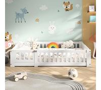 SAOOZBE Cama infantil de suelo de 120 x 200 cm, cama Montessori con protección anticaídas y somier de láminas, cama para niños y niñas, de madera de pino (blanco C, 120 x 200 cm)
