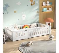 SAOOZBE Cama infantil Montessori de suelo de 80 x 160 cm, cama con protección anticaídas y somier de láminas, cama para niños y niñas, de madera de pino (blanco C, 80 x 160 cm)